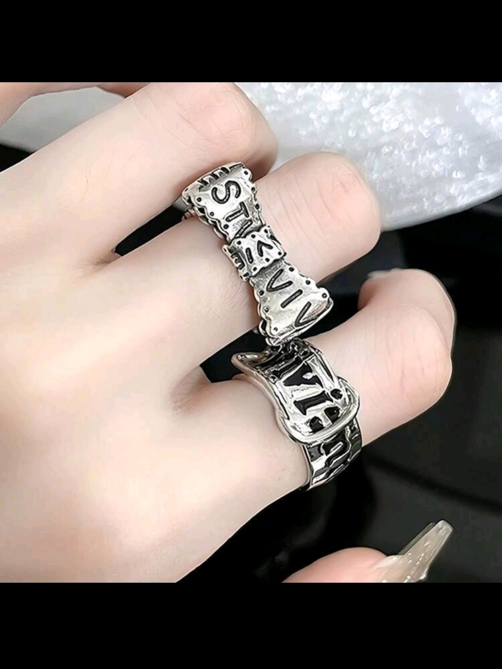 Sterling-Style Silver Lettering Statement Ring set Of 2 Earrings VW